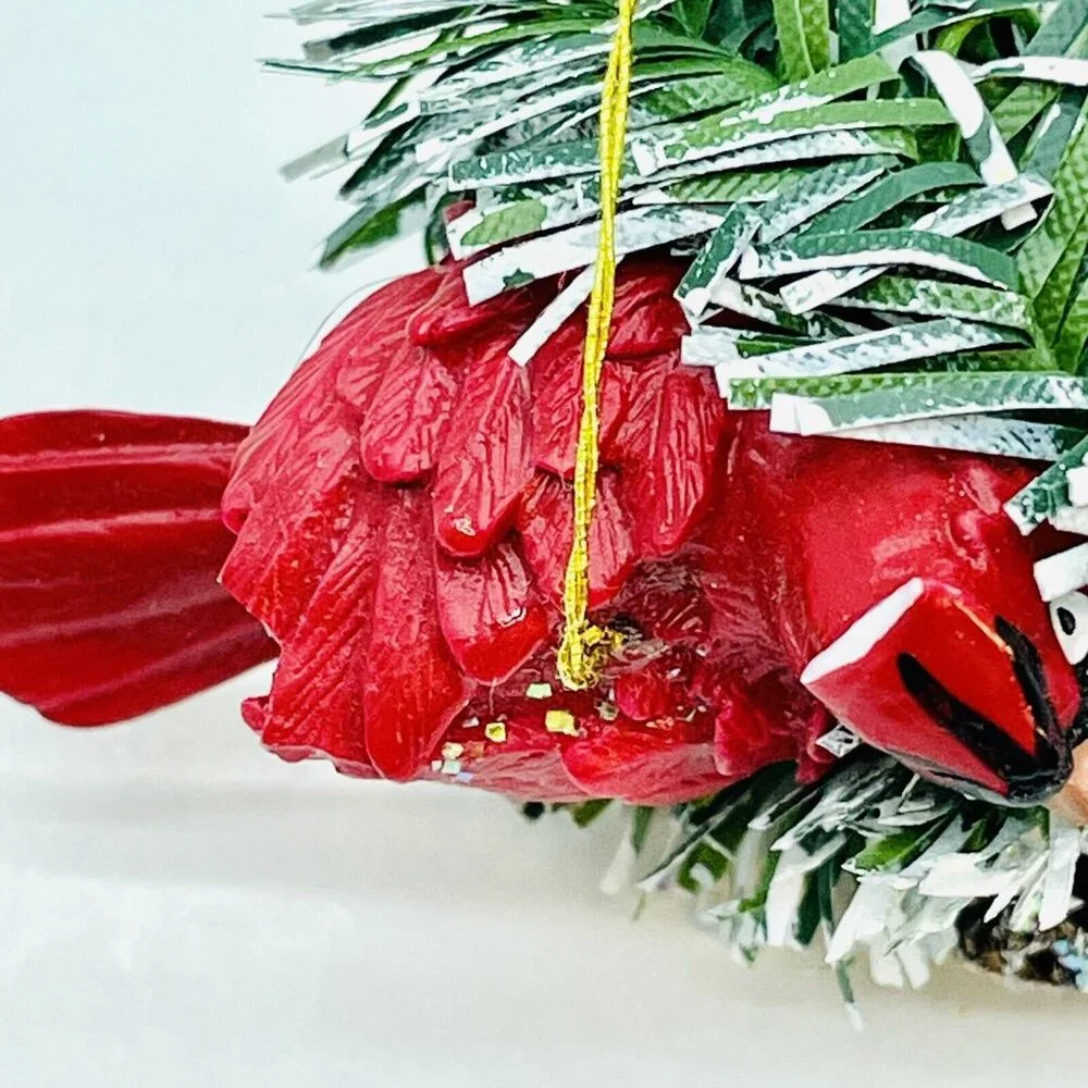 Vintage Christmas Ornament Cardinal In Pine Nest On White Glittered Icicle 6